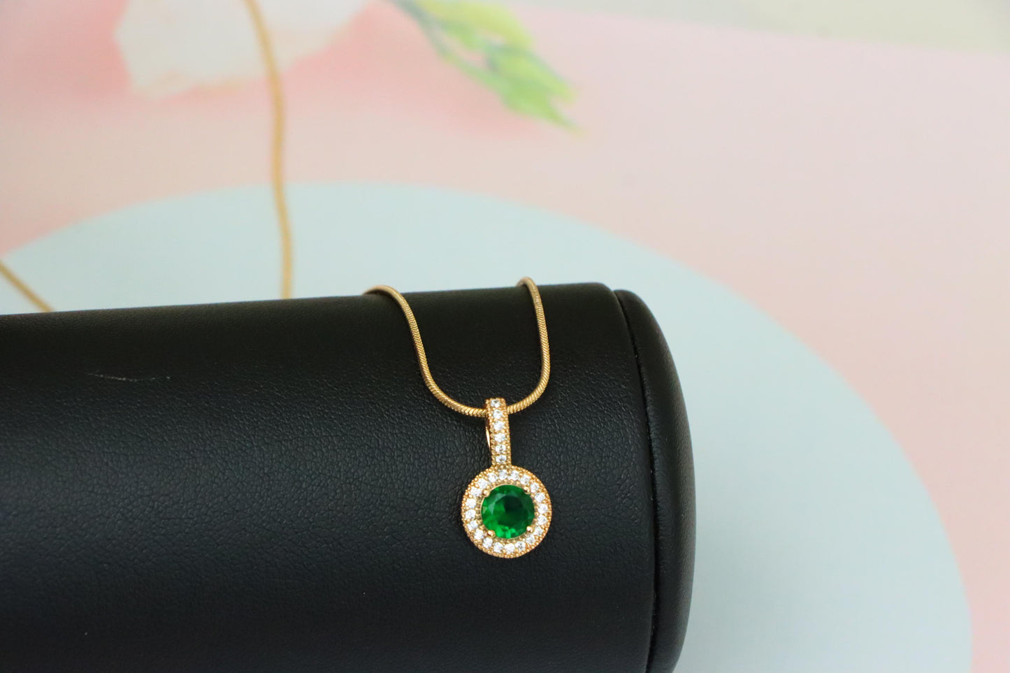 Elegant Gold Plated Green Stone Pendant with Crystal Halo Design, XPPT1741 (2151-4)
