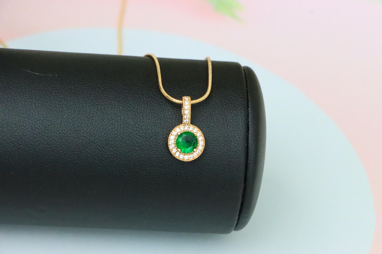 Elegant Gold Plated Green Stone Pendant with Crystal Halo Design, XPPT1741 (2151-4)