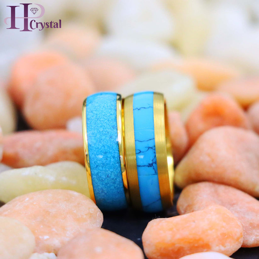 Yellow gold tungsten ring with crushed blue turquoise inlay, domed comfort-fit design