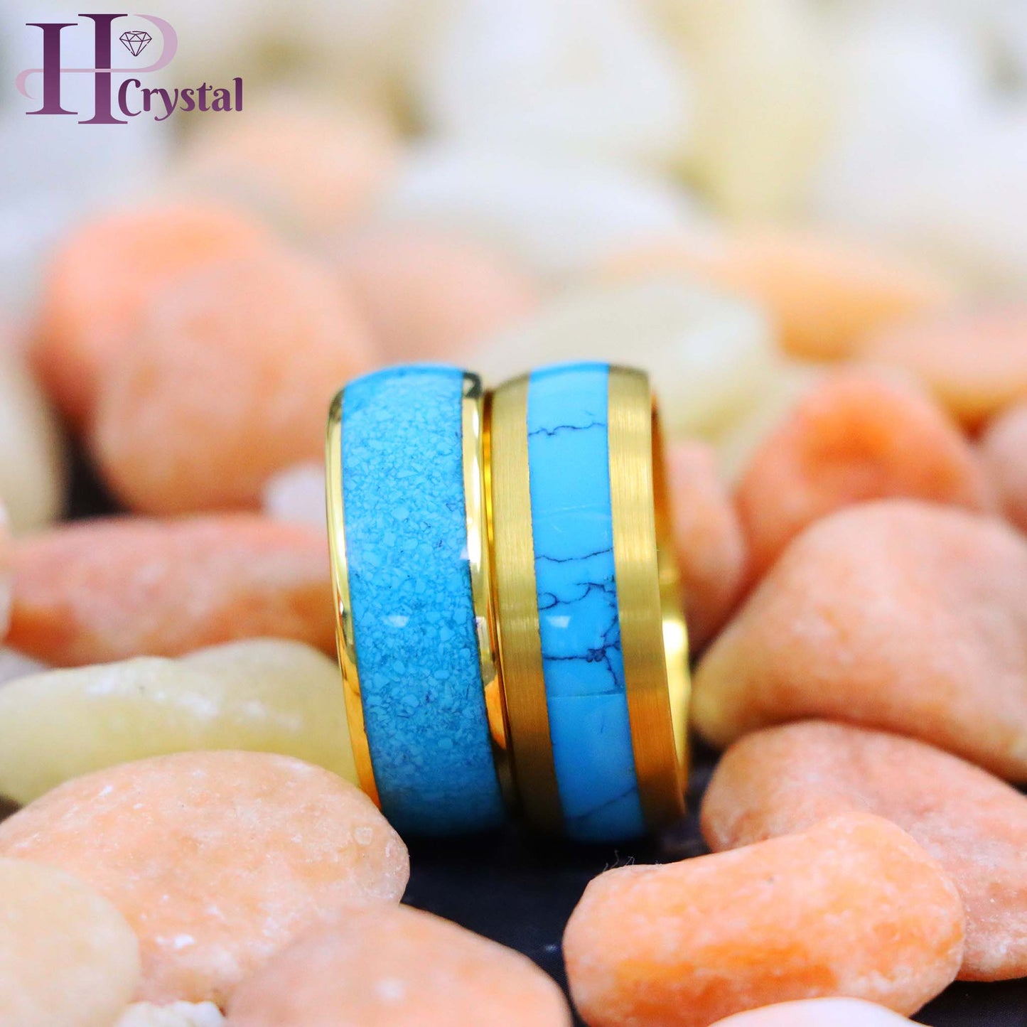 Domed Yellow Gold Plated Blue Turquoise Inlay/ Crushed Turquoise Tungsten Ring - Men's Fashion Jewelry