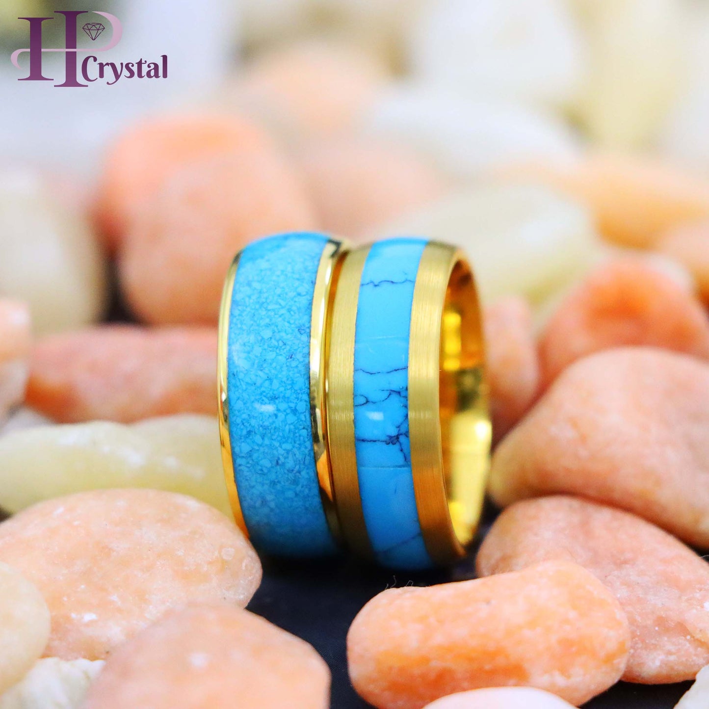 Domed Yellow Gold Plated Blue Turquoise Inlay/ Crushed Turquoise Tungsten Ring - Men's Fashion Jewelry