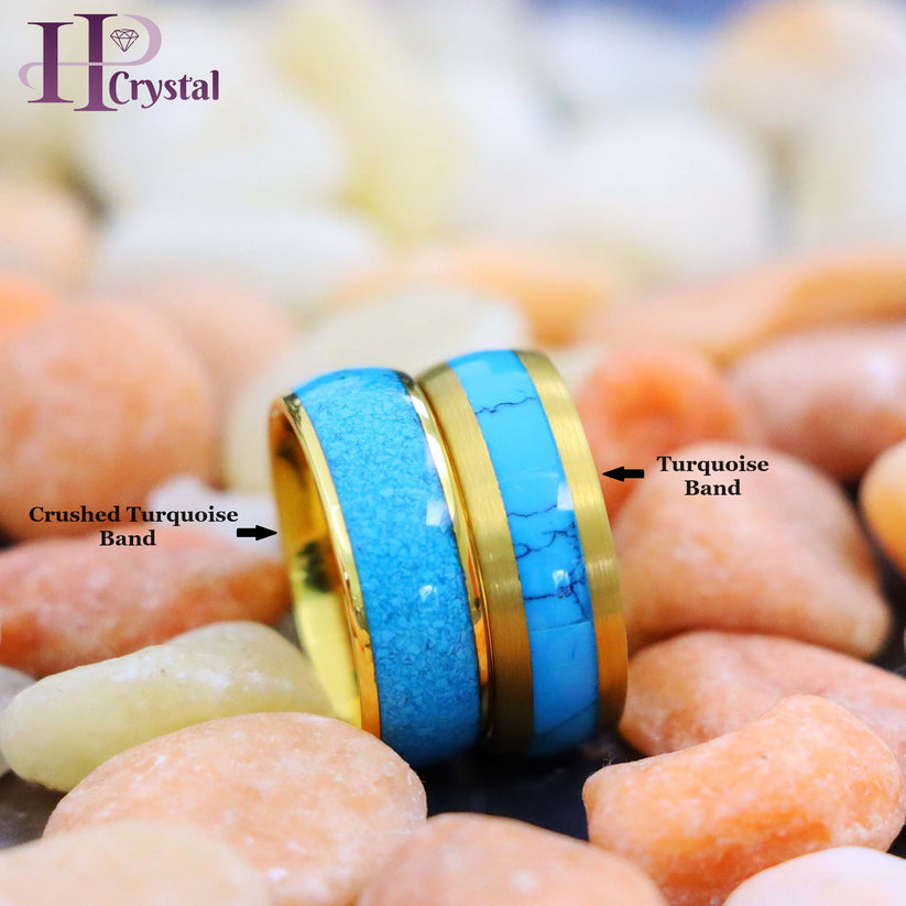 Close-up of gold tungsten ring showing blue turquoise inlay and polished finish