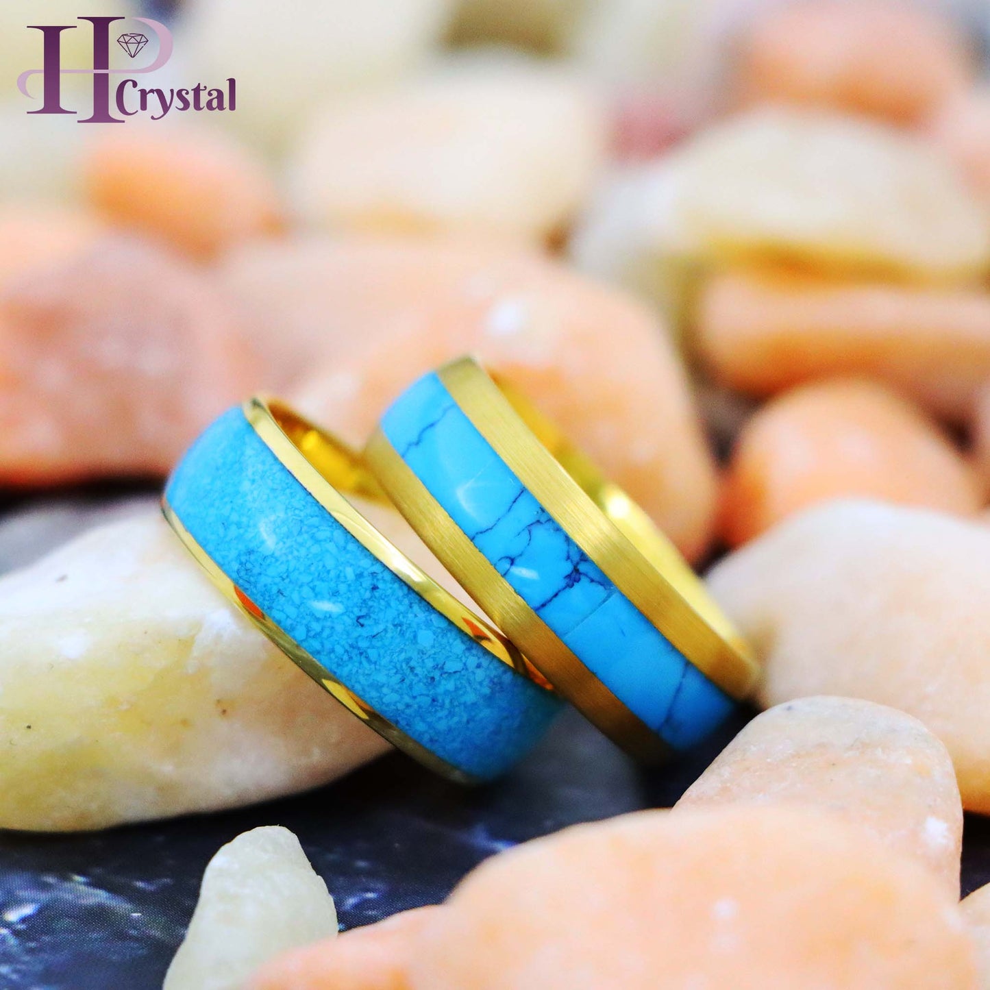 Domed Yellow Gold Plated Blue Turquoise Inlay/ Crushed Turquoise Tungsten Ring - Men's Fashion Jewelry