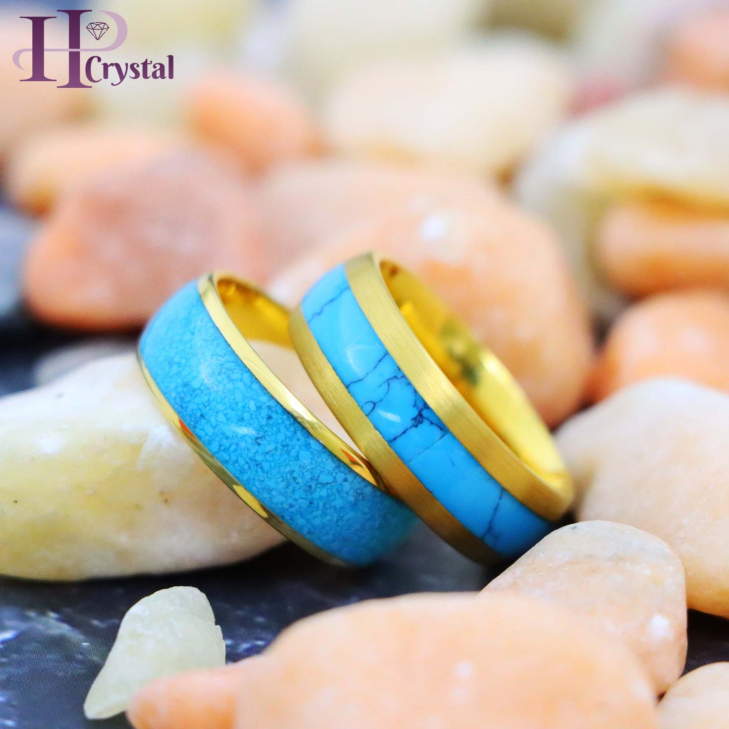 Domed Yellow Gold Plated Blue Turquoise Inlay/ Crushed Turquoise Tungsten Ring - Men's Fashion Jewelry