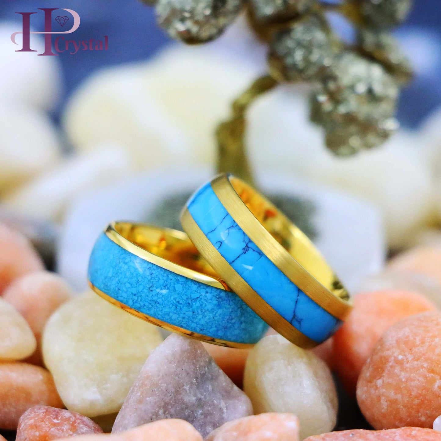 Domed Yellow Gold Plated Blue Turquoise Inlay/ Crushed Turquoise Tungsten Ring - Men's Fashion Jewelry