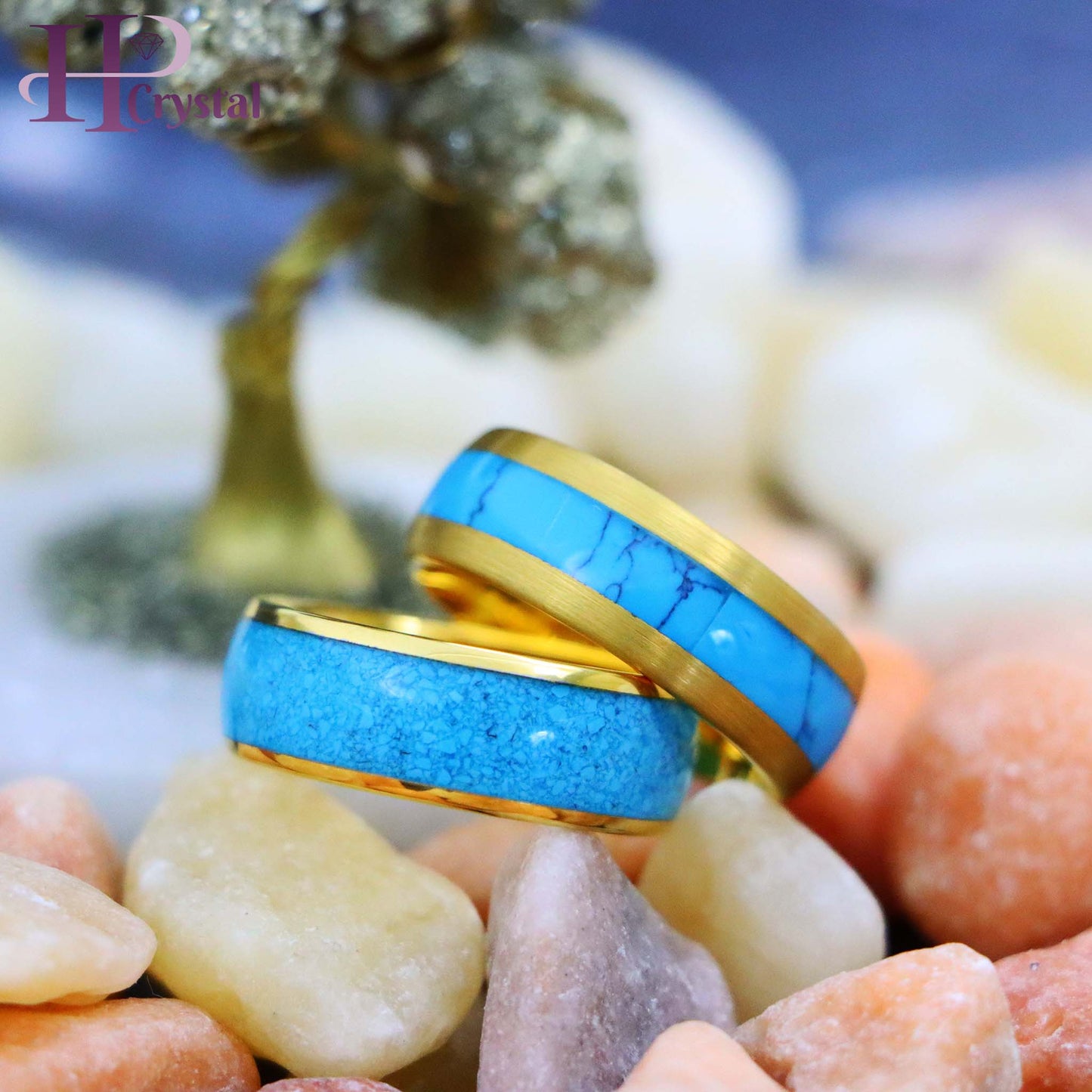 Domed Yellow Gold Plated Blue Turquoise Inlay/ Crushed Turquoise Tungsten Ring - Men's Fashion Jewelry