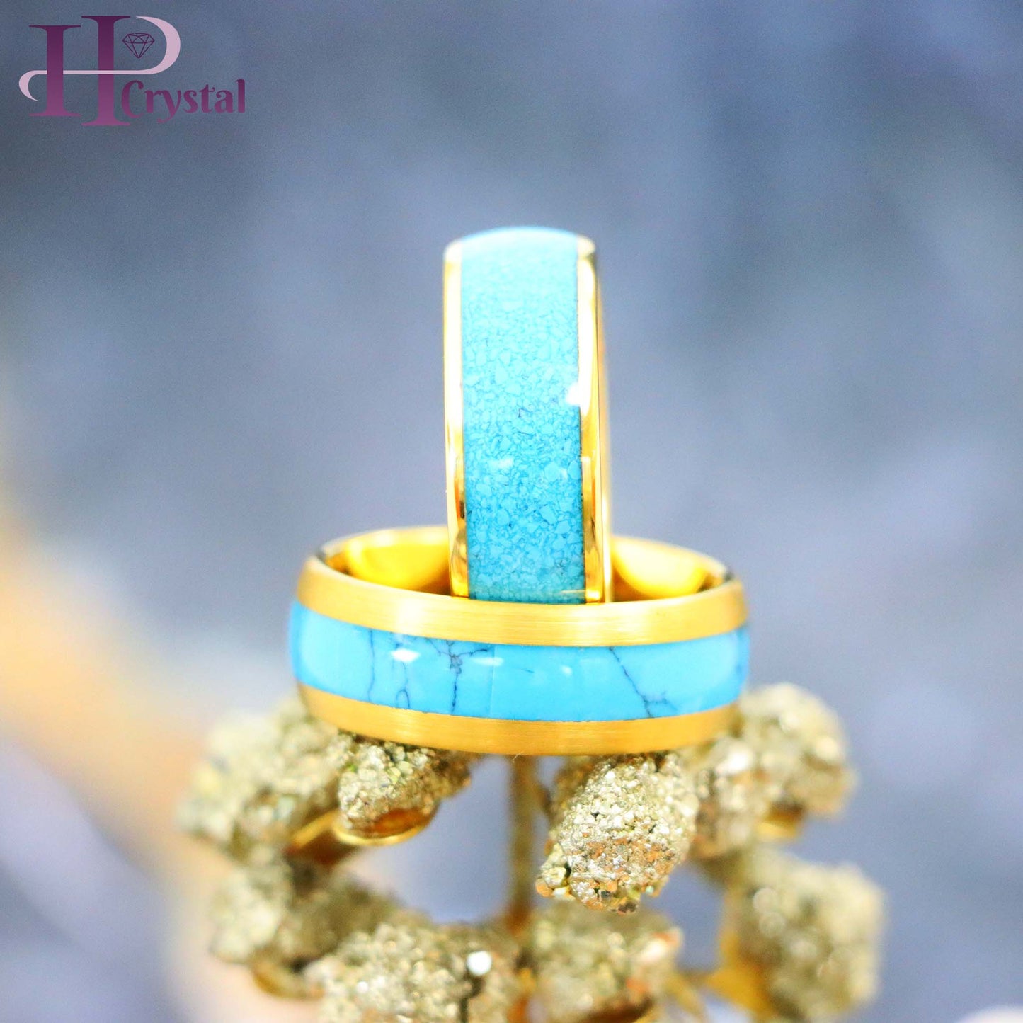 Domed Yellow Gold Plated Blue Turquoise Inlay/ Crushed Turquoise Tungsten Ring - Men's Fashion Jewelry