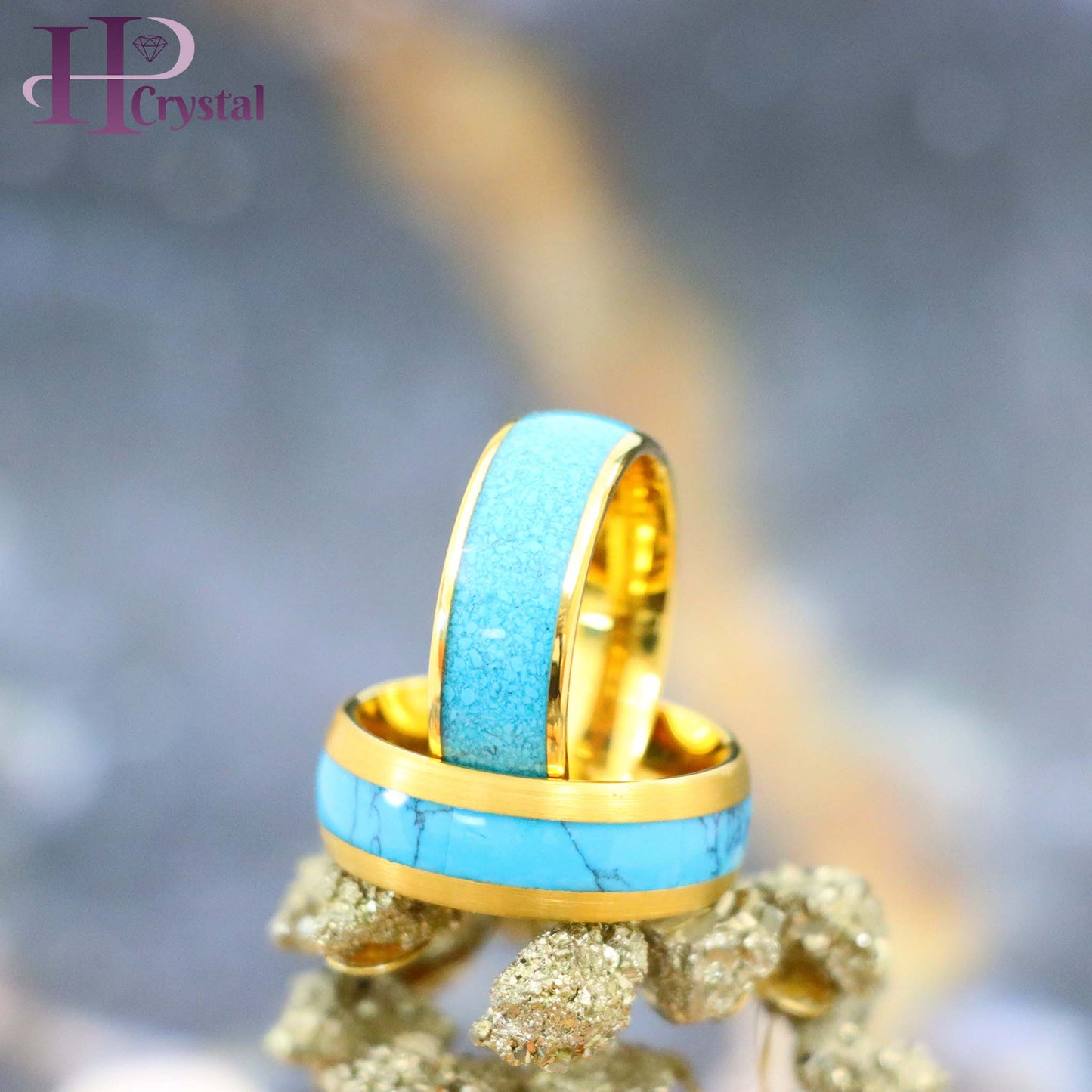 Domed Yellow Gold Plated Blue Turquoise Inlay/ Crushed Turquoise Tungsten Ring - Men's Fashion Jewelry