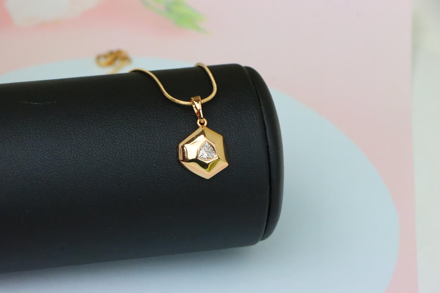 White Geometric Gold-Plated Pendant with Trillion-Cut Center Stone, XPPT1753 (2152-1)