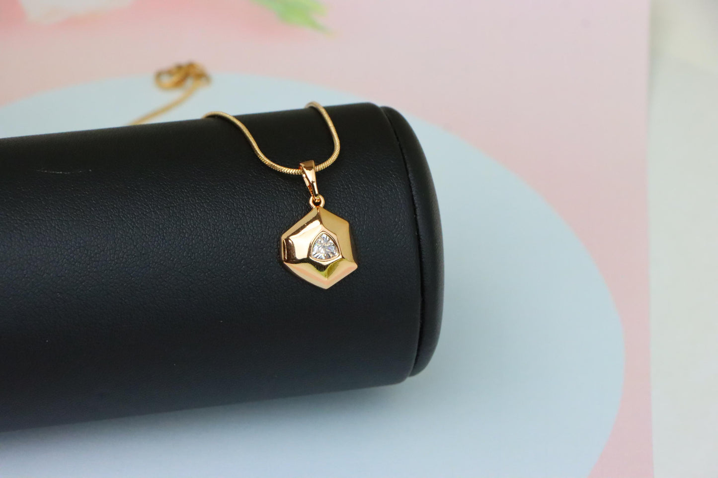 White Geometric Gold-Plated Pendant with Trillion-Cut Center Stone, XPPT1753 (2152-1)