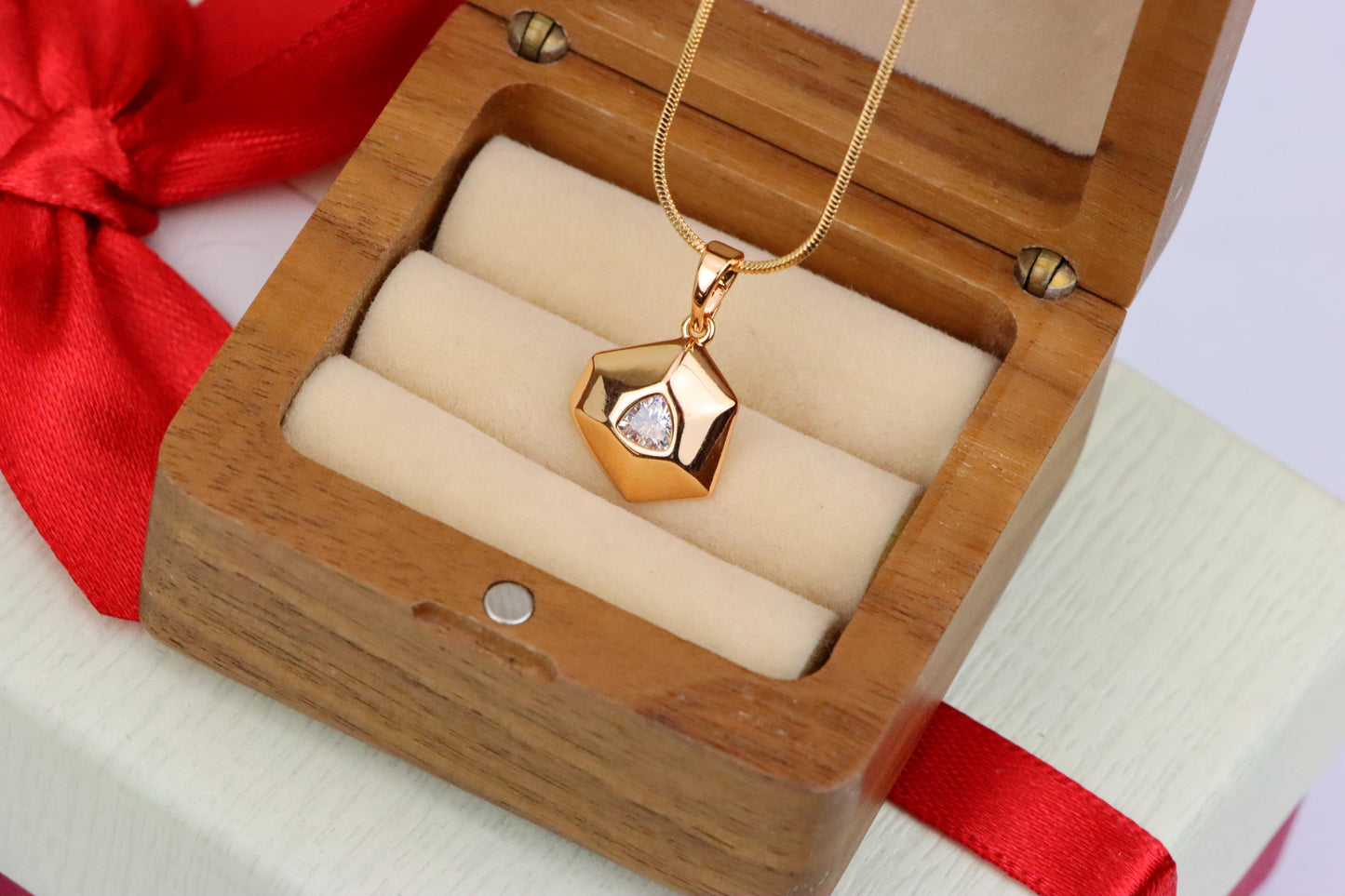 White Geometric Gold-Plated Pendant with Trillion-Cut Center Stone, XPPT1753 (2152-1)