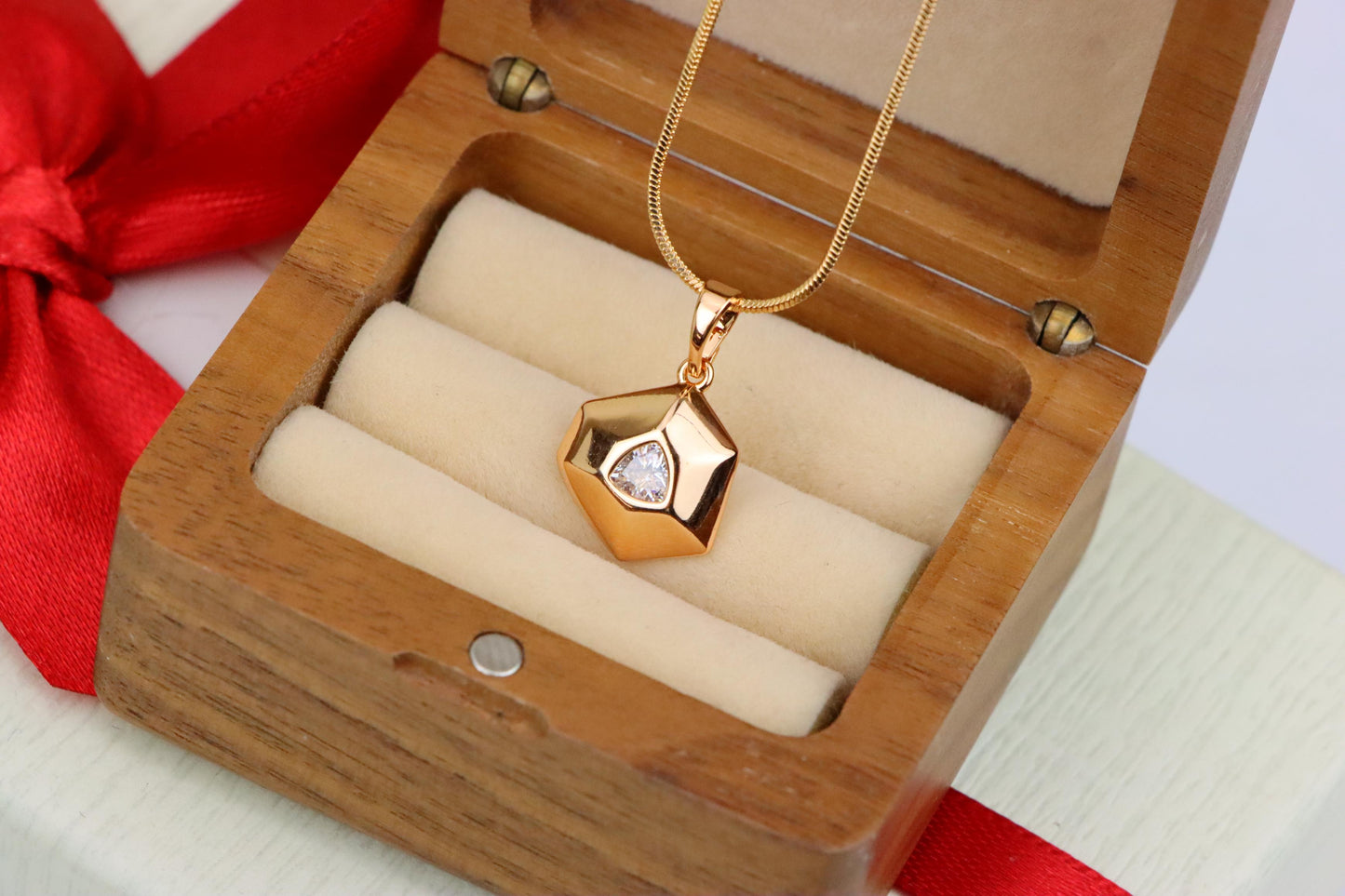 White Geometric Gold-Plated Pendant with Trillion-Cut Center Stone, XPPT1753 (2152-1)