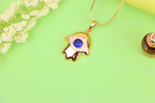 Blue Evil Eye Hamsa Pendant in Gold Plated Brass – Bold Protection Charm, XPPT1754 (2152-2)