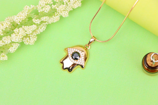 Black Evil Eye Hamsa Pendant in Gold Plated Brass – Bold Protection Amulet, XPPT1756 (2152-2)