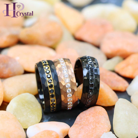 Hammered Black IP Plated / Rose Gold IP Plated Prong-set Round-cut Black CZ Eternity Tungsten Ring