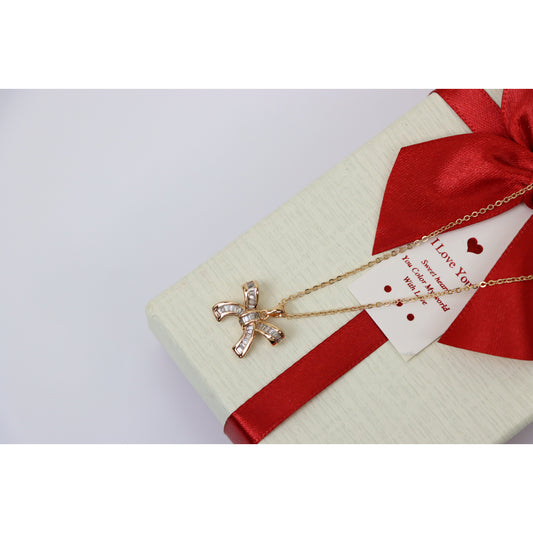 Rose Gold Bow Pendant Necklace with Sparkling Crystal Accents , XPNL0163 (2017-3)