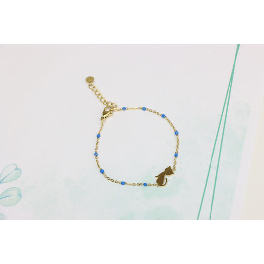 Elegant Yellow Gold Cat Charm Bracelet with Blue Beaded Chain, XPBL0612 (2062-1)