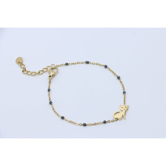 Cute Cat Design Yellow Gold Bracelet with Blue Bead Detailing, XPBL0614 (2062-3)