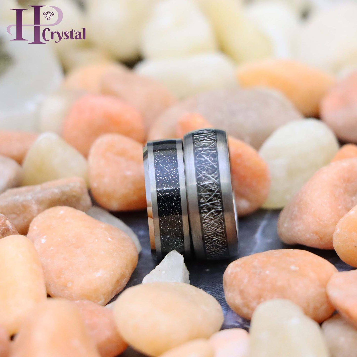 Shiny Tungsten Ring with Beveled Edge and Black Sandstone Carbon Fiber Inlay/Meteorite Inlay