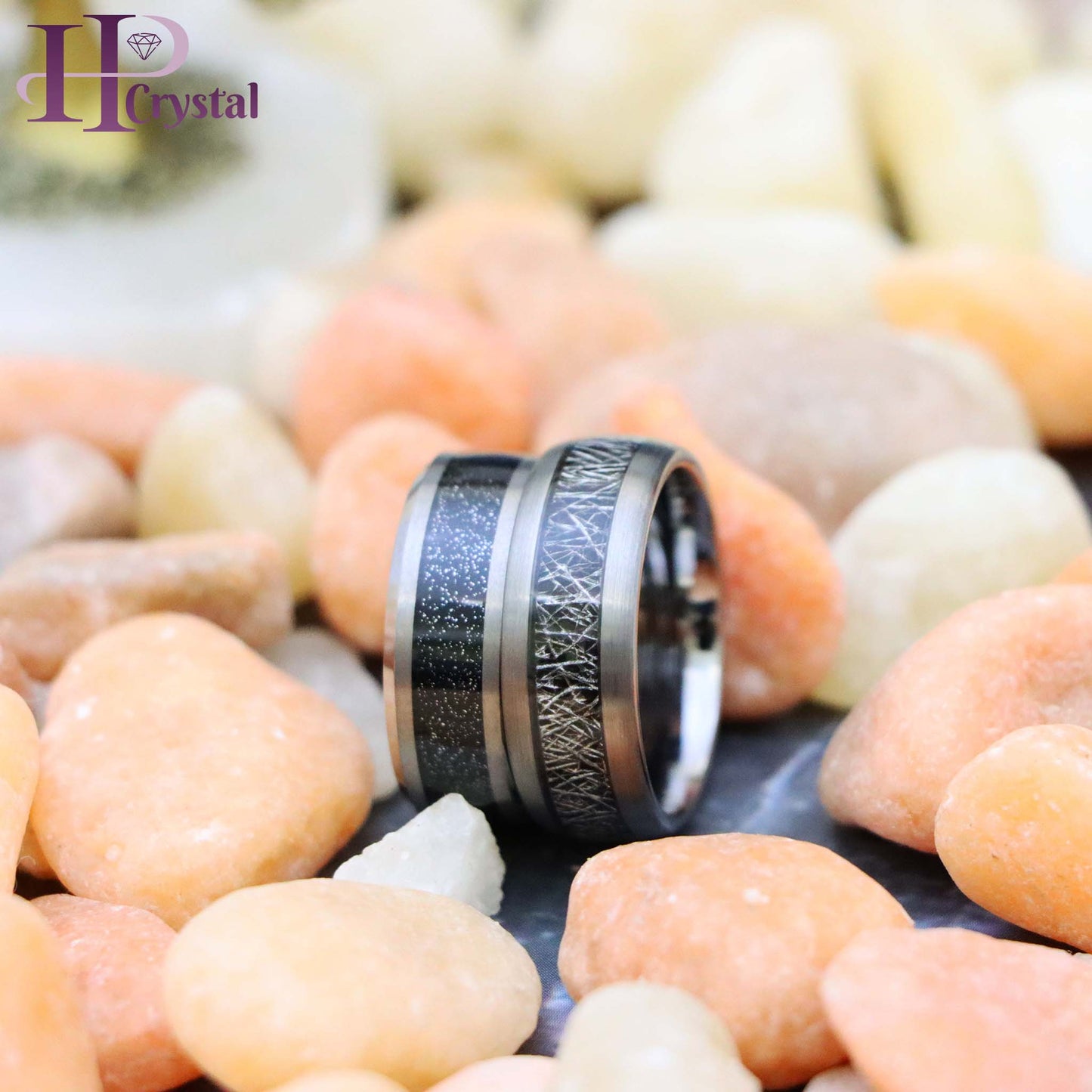 Shiny Tungsten Ring with Beveled Edge and Black Sandstone Carbon Fiber Inlay/Meteorite Inlay