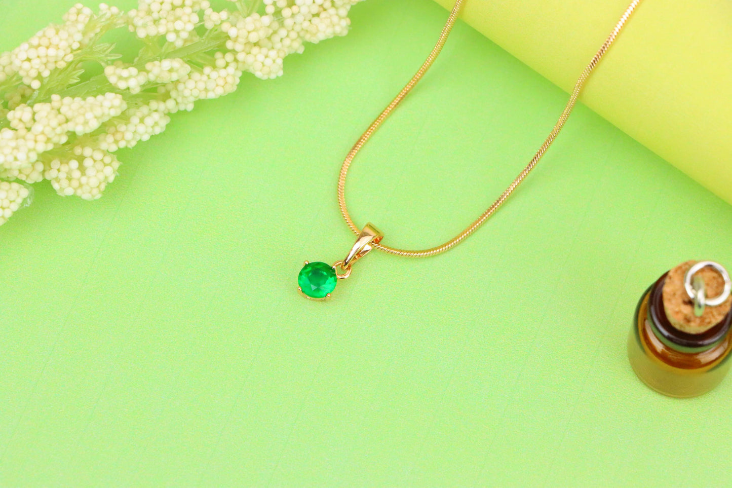 Tiny Green Stone Pendant in Gold Plated Brass – Minimal Everyday Accent, XPPT1761 (2152-6)