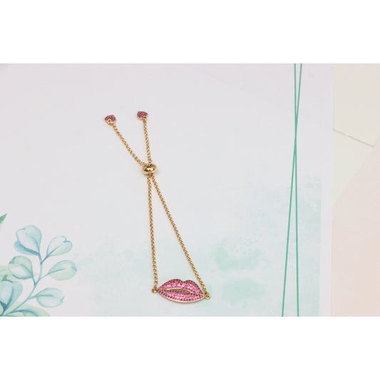Rose Gold Lips Design Bracelet with Pink Stones, Adjustable, XPAB0615 (2062-4)