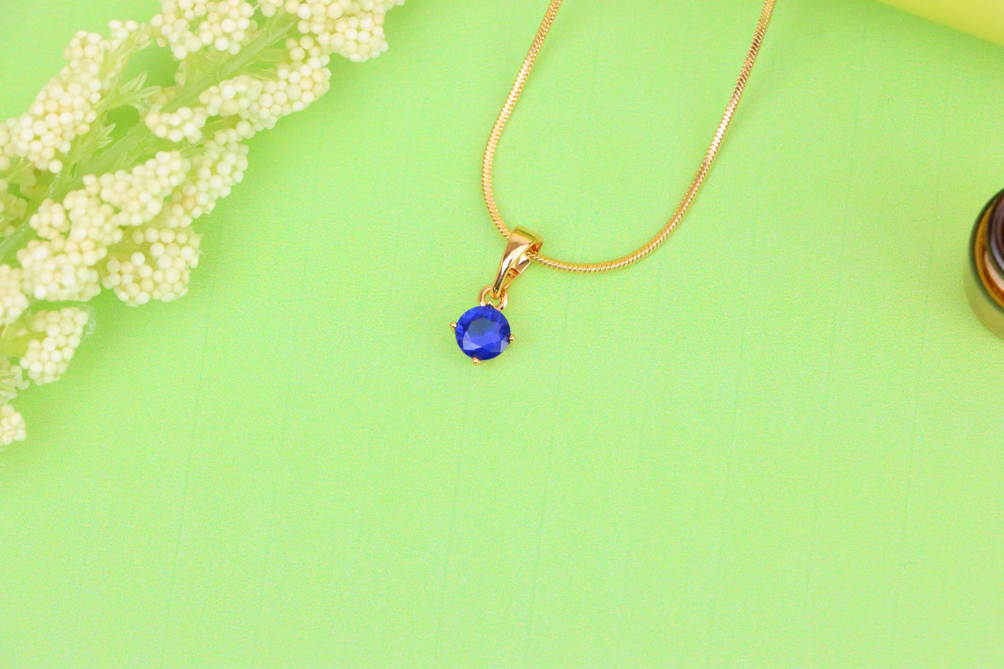 Tiny Blue Stone Pendant in Gold Plated Brass – Elegant Minimal Detail, XPPT1762 (2152-6)