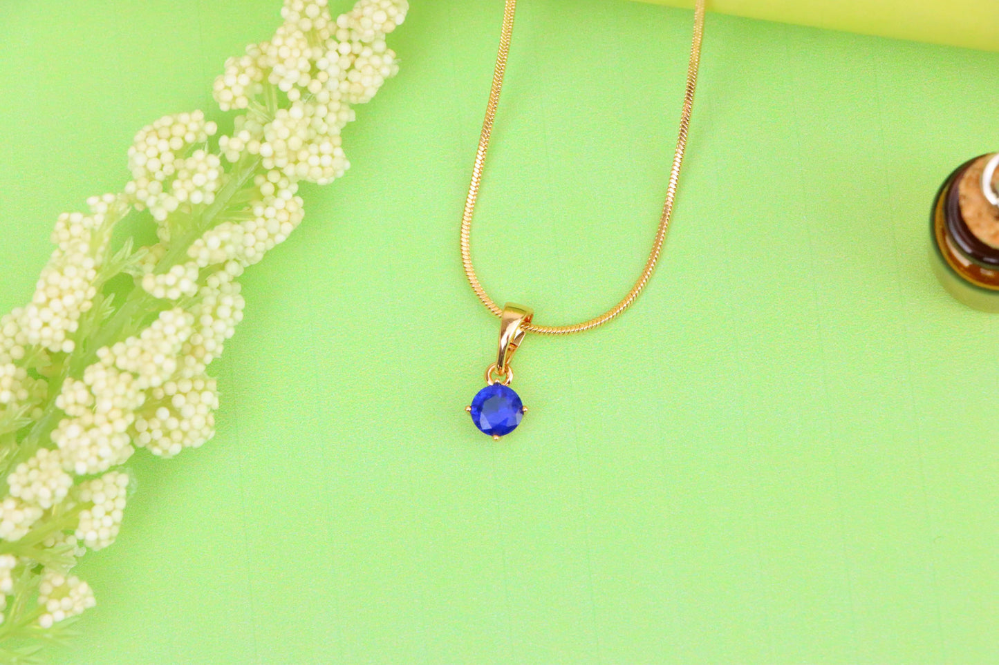 Tiny Blue Stone Pendant in Gold Plated Brass – Elegant Minimal Detail, XPPT1762 (2152-6)