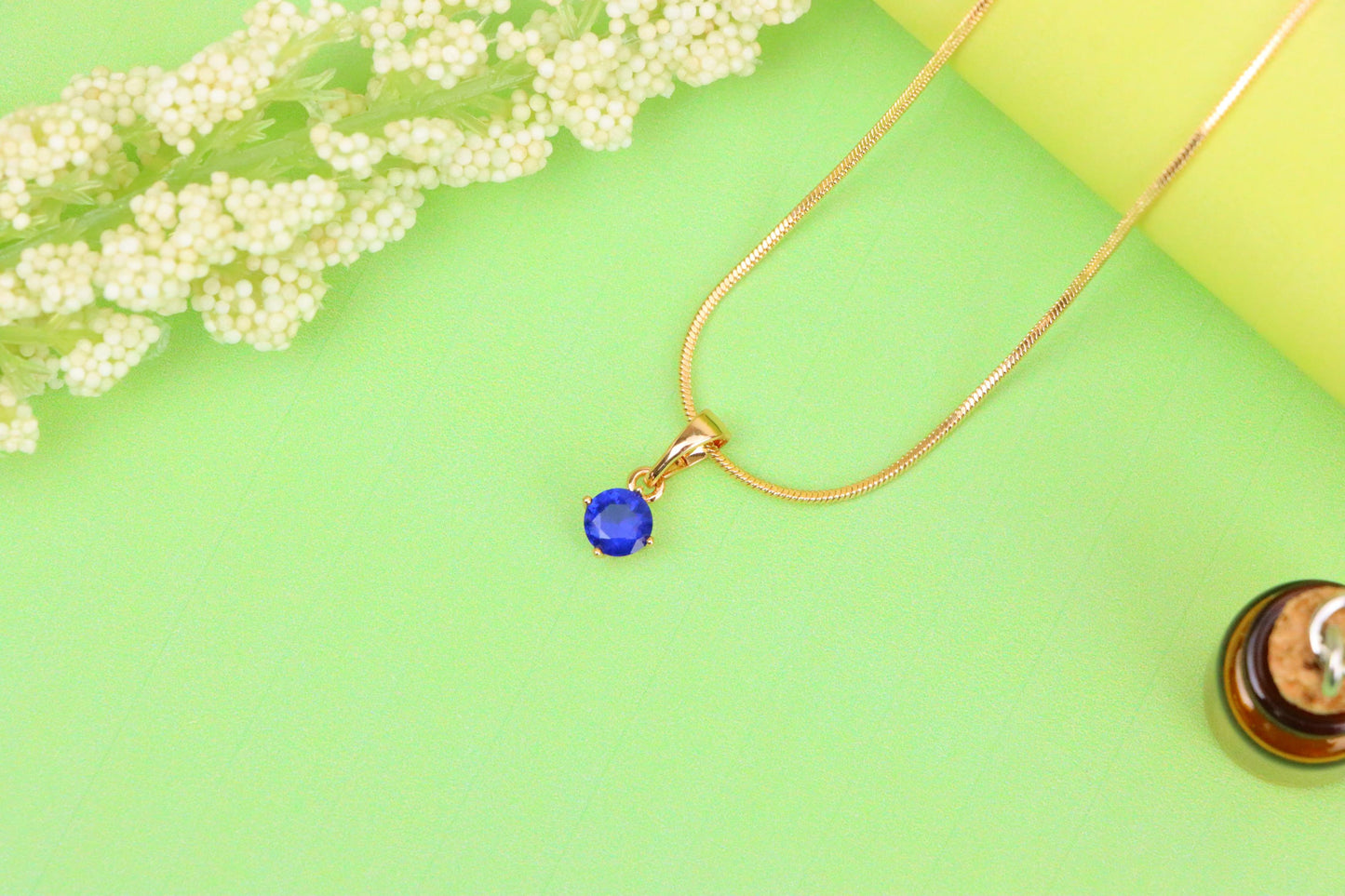 Tiny Blue Stone Pendant in Gold Plated Brass – Elegant Minimal Detail, XPPT1762 (2152-6)