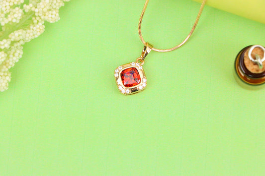 Square Red Stone Pendant in Gold Plated Brass with Sparkling Halo, XPPT1764 (2152-7)