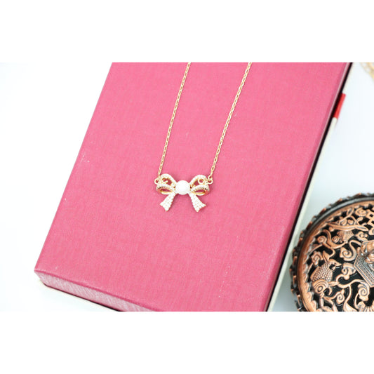 Rose Gold Bow Pendant Necklace with Pearl and Crystals , XPNL0171 (2018-1)