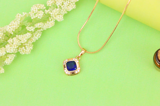Gold Plated Blue Cushion Pendant with Crystal Halo – Elegant Charm, XPPT1765 (2152-7)