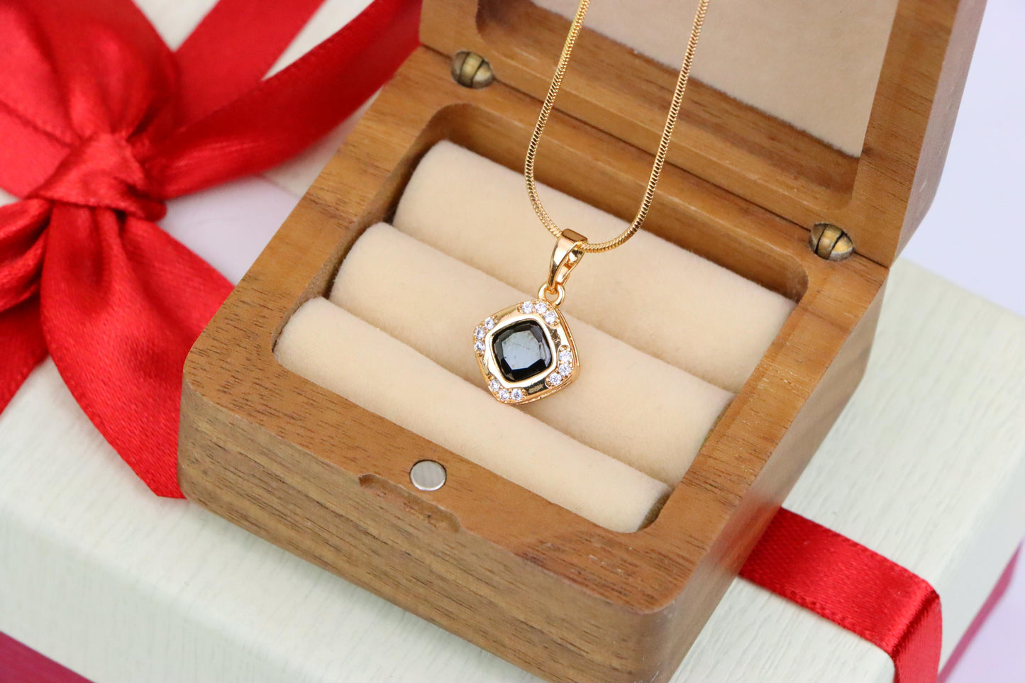 Gold Plated Black Cushion Pendant with Crystal Halo – Bold Modern Look, XPPT1766 (2152-7)