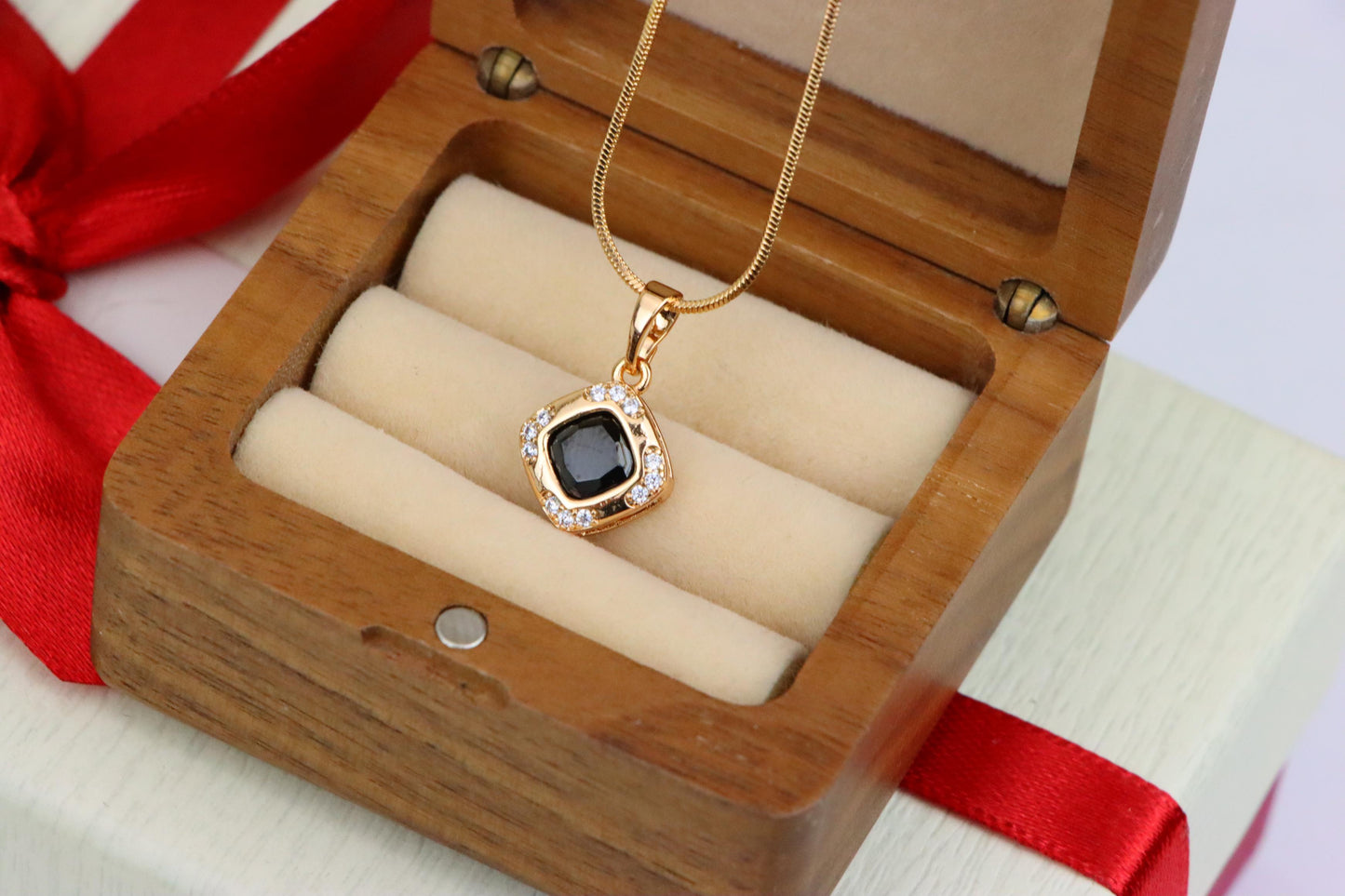 Gold Plated Black Cushion Pendant with Crystal Halo – Bold Modern Look, XPPT1766 (2152-7)