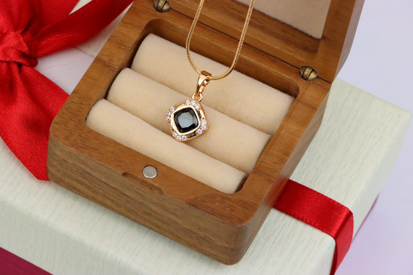Gold Plated Black Cushion Pendant with Crystal Halo – Bold Modern Look, XPPT1766 (2152-7)