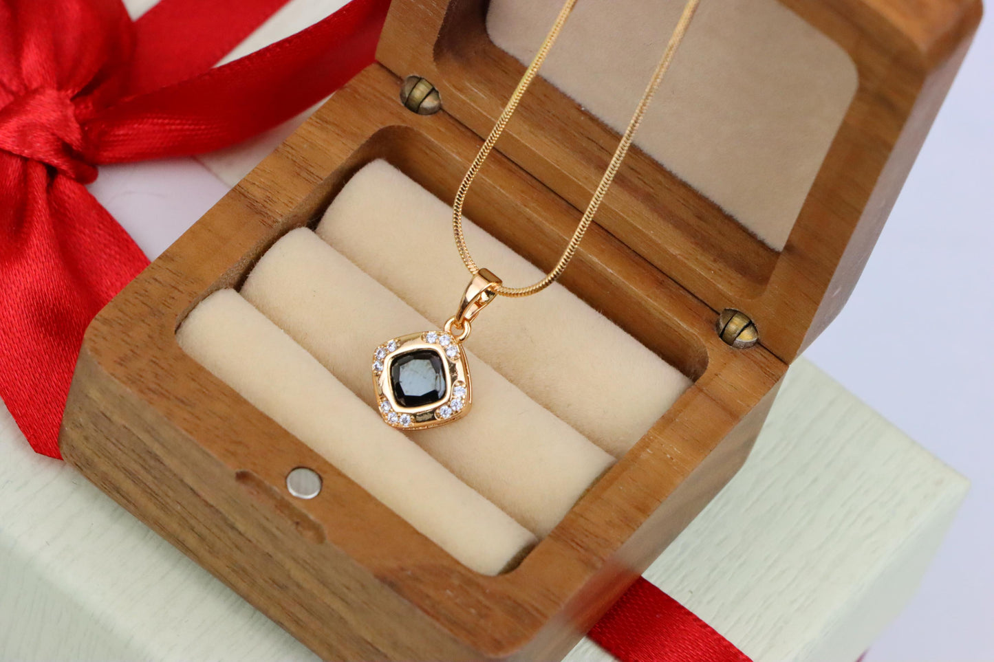 Gold Plated Black Cushion Pendant with Crystal Halo – Bold Modern Look, XPPT1766 (2152-7)