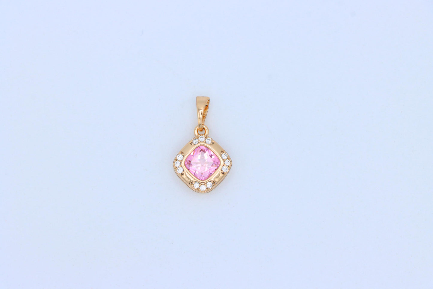 Pink Cushion Stone Pendant in Gold Plated Brass with Crystal Halo, XPPT1767 (2152-7)