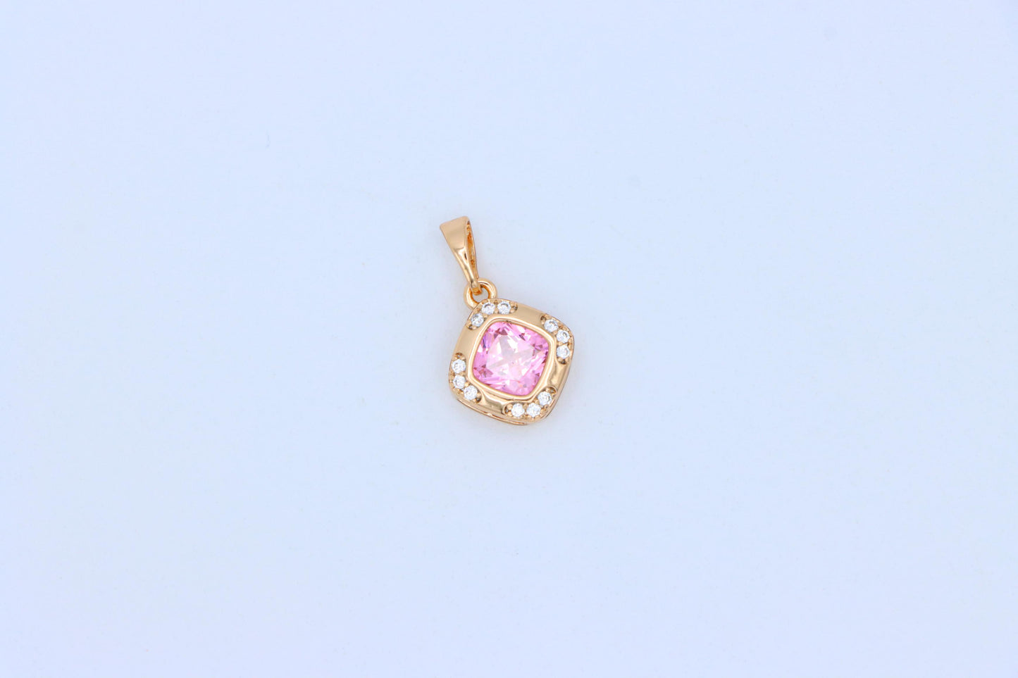 Pink Cushion Stone Pendant in Gold Plated Brass with Crystal Halo, XPPT1767 (2152-7)