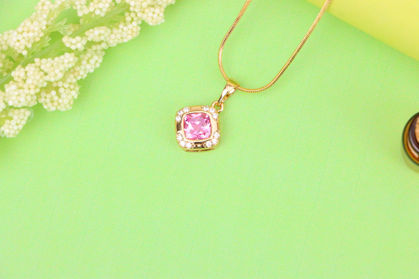 Pink Cushion Stone Pendant in Gold Plated Brass with Crystal Halo, XPPT1767 (2152-7)
