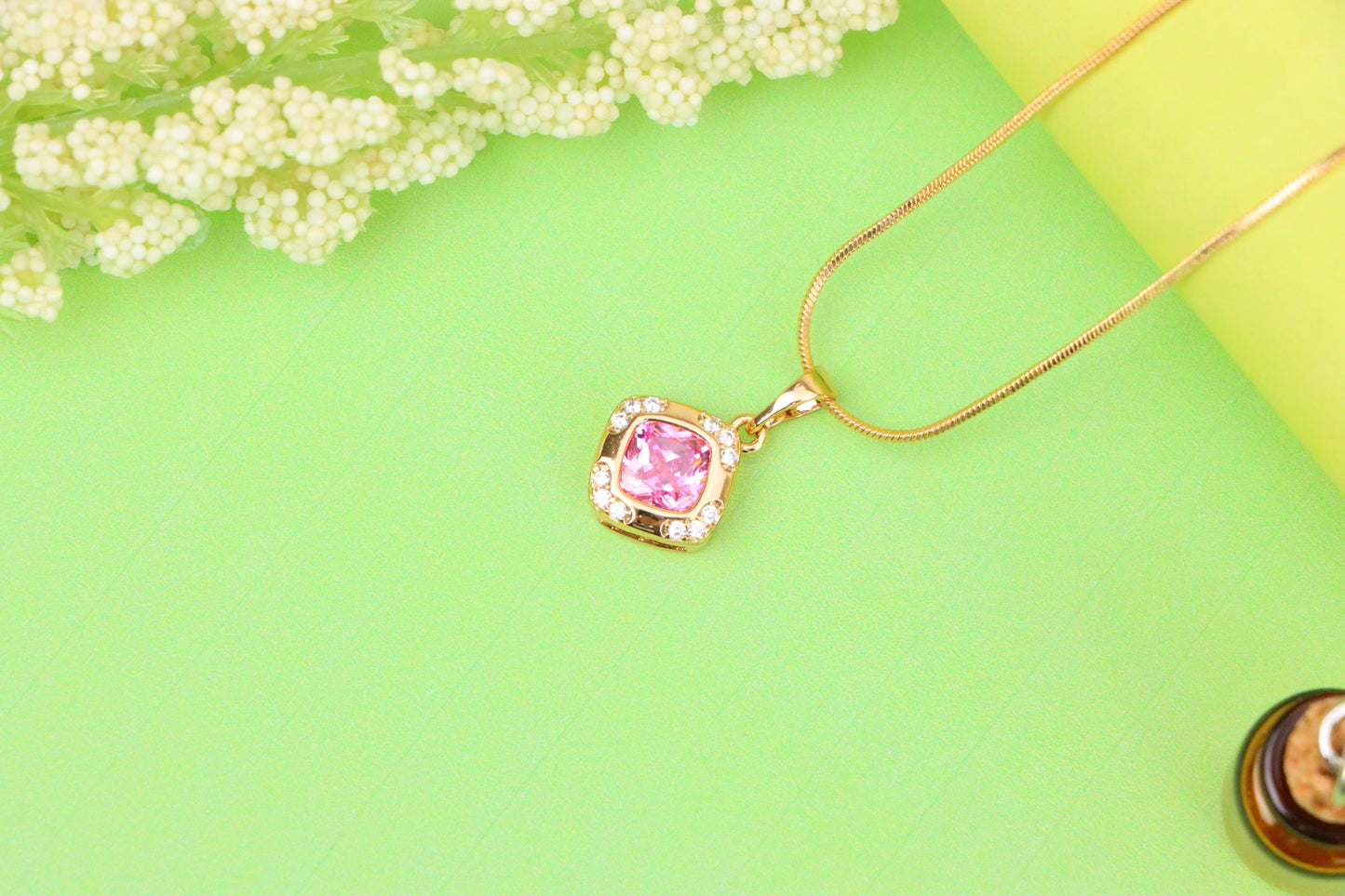 Pink Cushion Stone Pendant in Gold Plated Brass with Crystal Halo, XPPT1767 (2152-7)