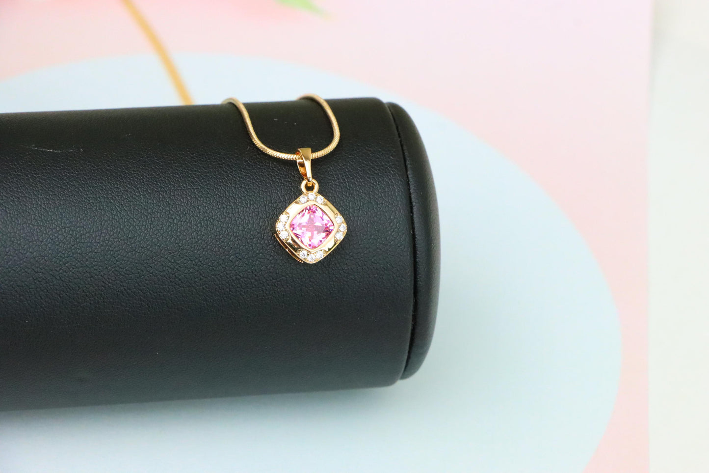 Pink Cushion Stone Pendant in Gold Plated Brass with Crystal Halo, XPPT1767 (2152-7)