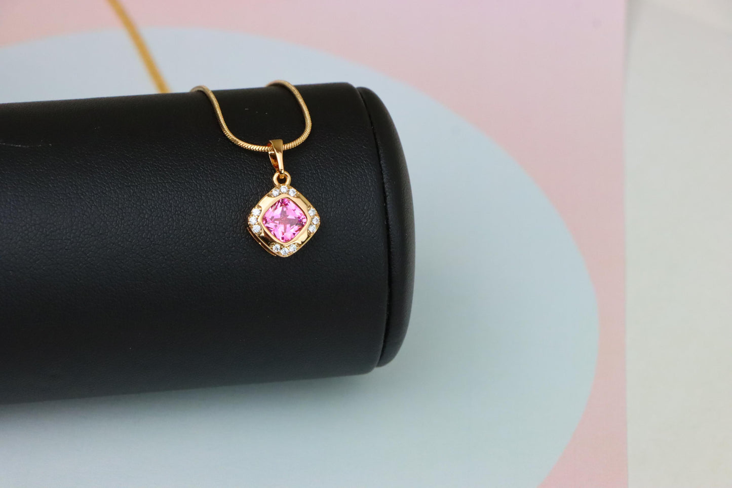 Pink Cushion Stone Pendant in Gold Plated Brass with Crystal Halo, XPPT1767 (2152-7)