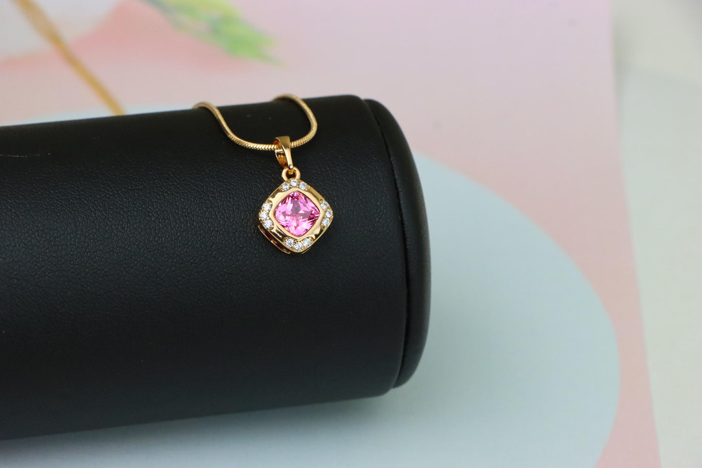 Pink Cushion Stone Pendant in Gold Plated Brass with Crystal Halo, XPPT1767 (2152-7)