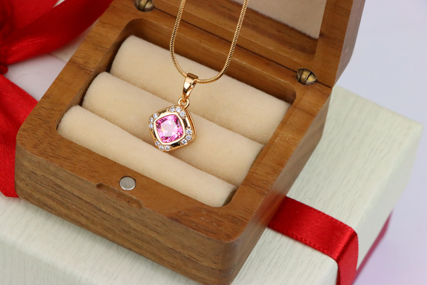 Pink Cushion Stone Pendant in Gold Plated Brass with Crystal Halo, XPPT1767 (2152-7)
