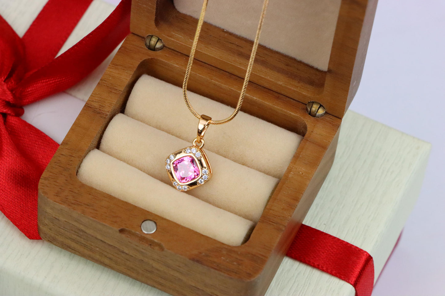 Pink Cushion Stone Pendant in Gold Plated Brass with Crystal Halo, XPPT1767 (2152-7)