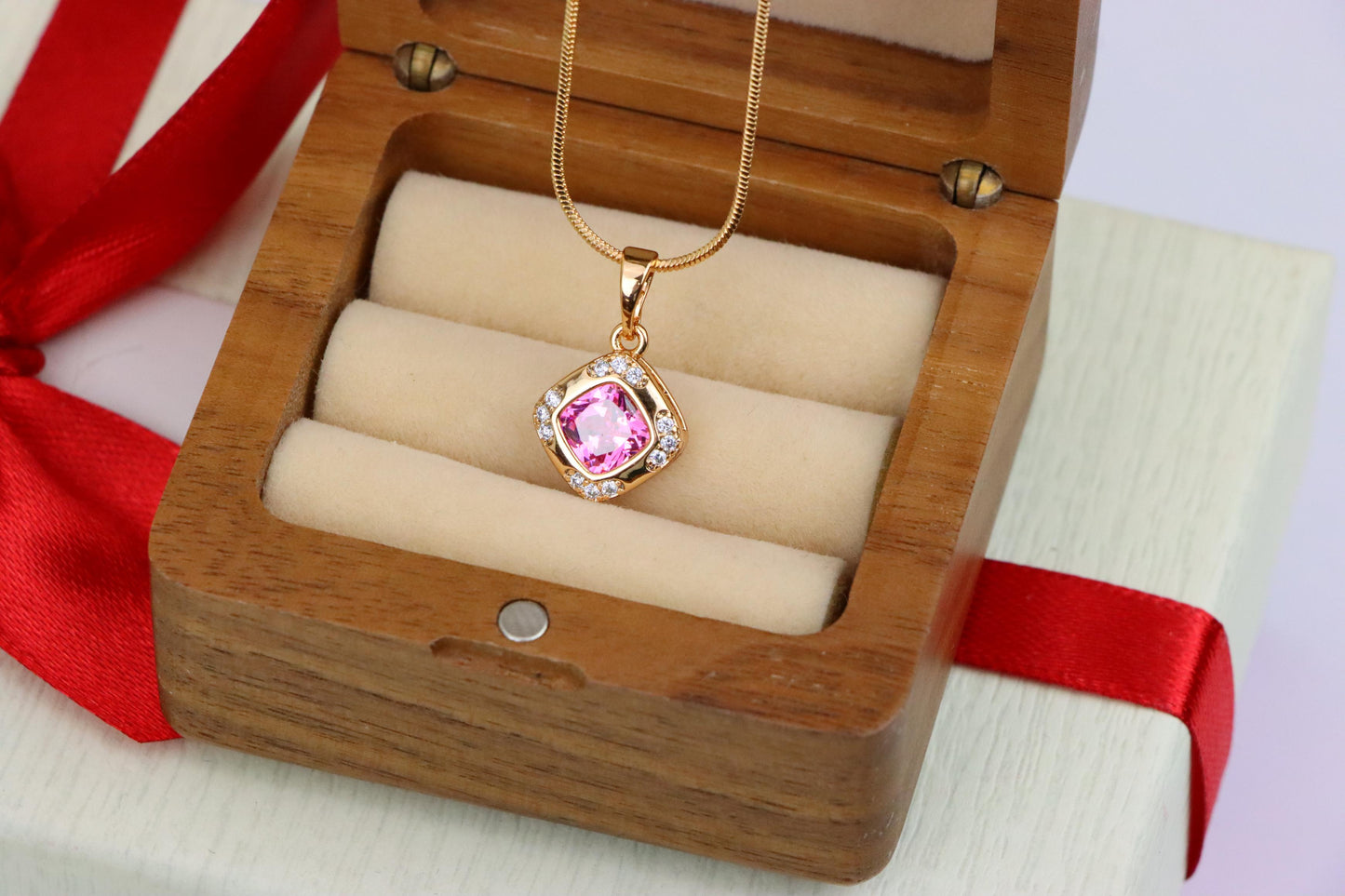 Pink Cushion Stone Pendant in Gold Plated Brass with Crystal Halo, XPPT1767 (2152-7)