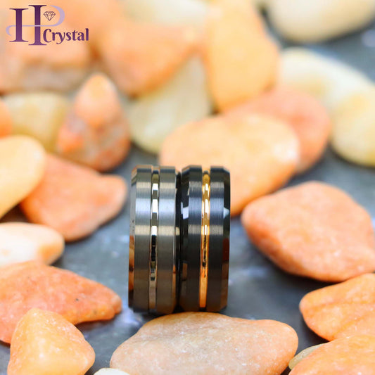 Black Ring Rose Gold Plated Inside & Grooved Center/Gun Metal IP Plated Grooved Tungsten Ring