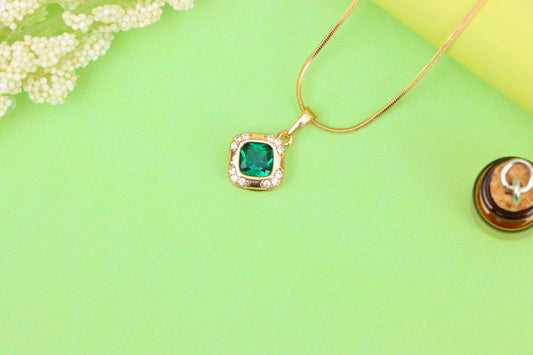 Green Cushion Stone Pendant in Gold Plated Brass with Crystal Halo, XPPT1768 (2152-7)