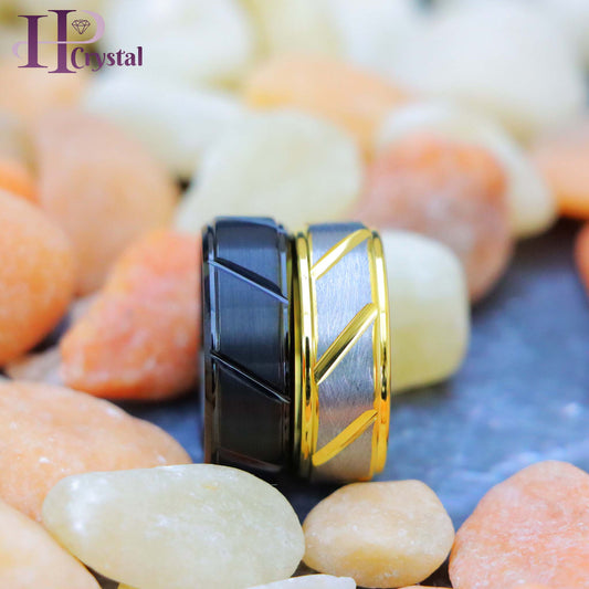 Black IP Plated Multiple Diagonal Grooves Brushed Center/Two-tone Gray & Yellow IP Plated Notched Tungsten Ring