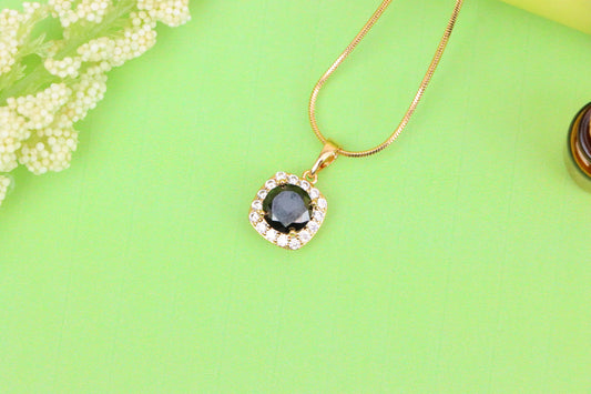 Black Round Stone Pendant in Gold Plated Brass with Crystal Halo, XPPT1771 (2152-8)